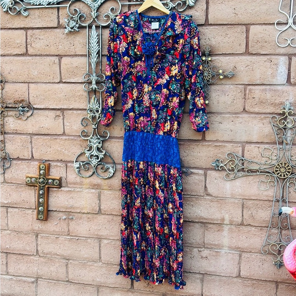 Vintage Diane Freis Floral Maxi Dress Beaded Pleated Medium Drop Waist Boho 80s